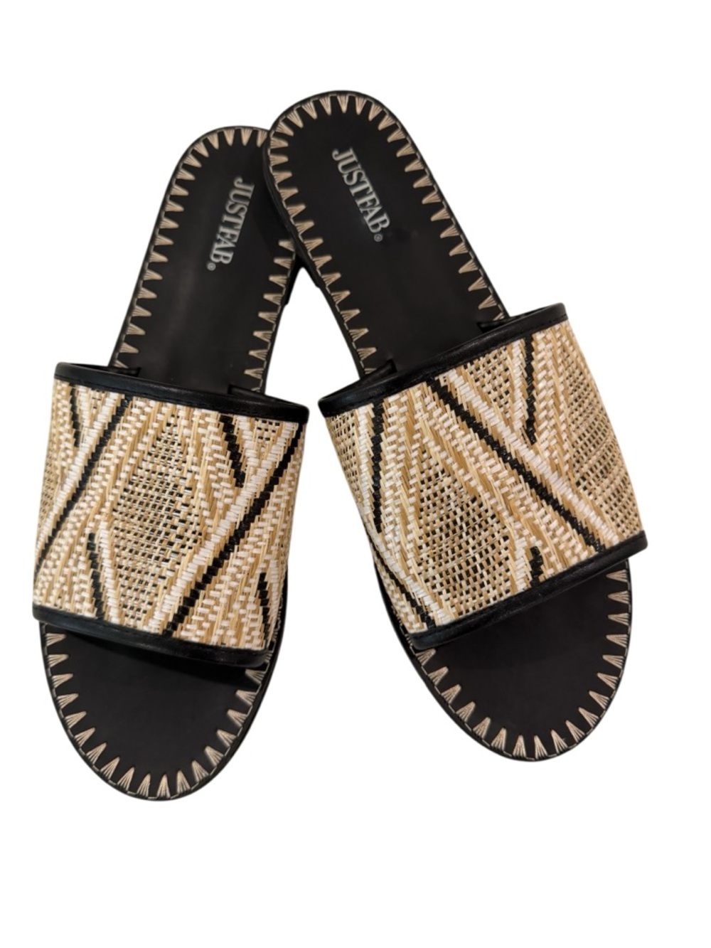 JustFab Black & Natural Woven Slide Sandals Beach Getaway Size 8.5